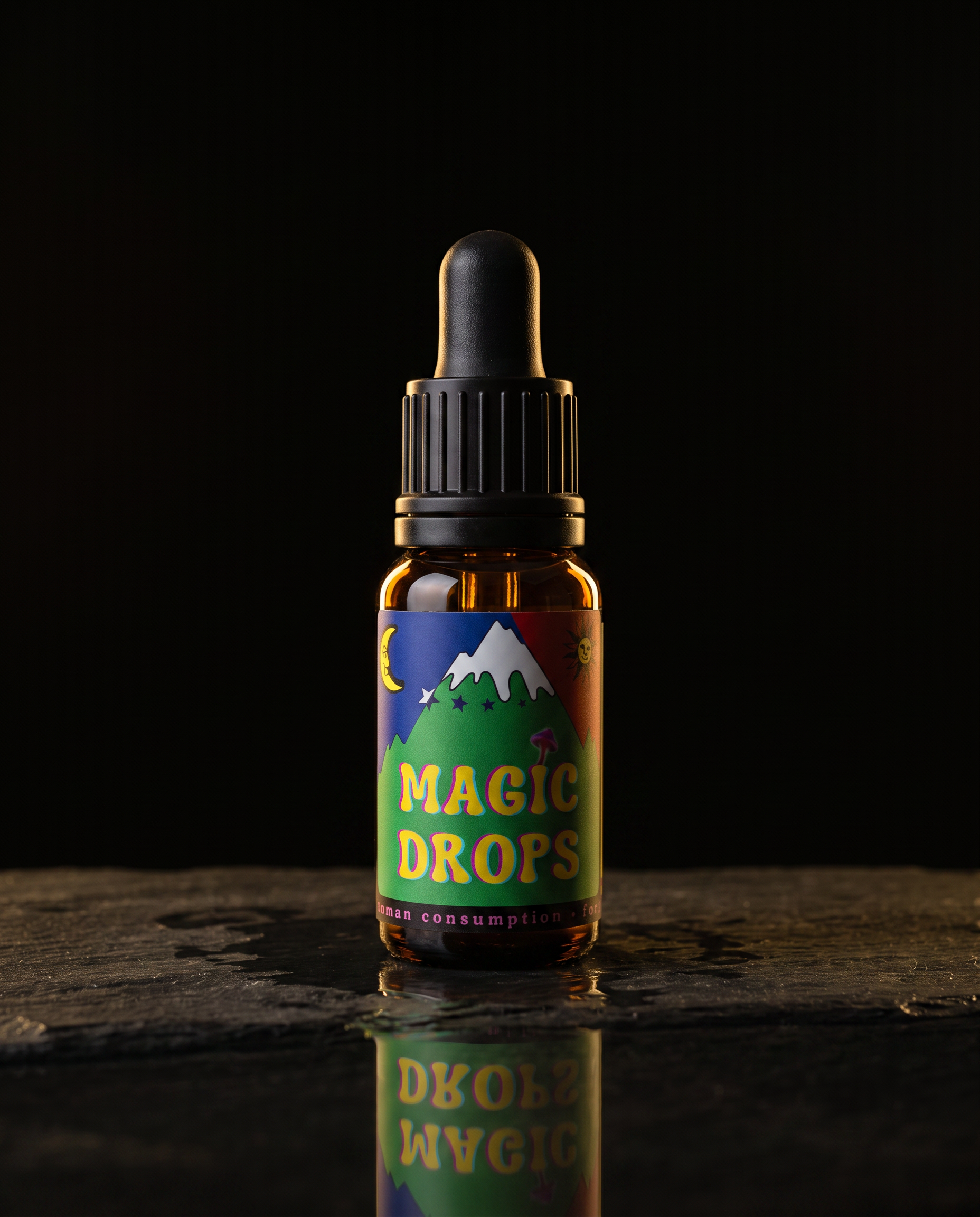 Flacone contagocce Magic Drops 4-HO-MET su base di ardesia scura.