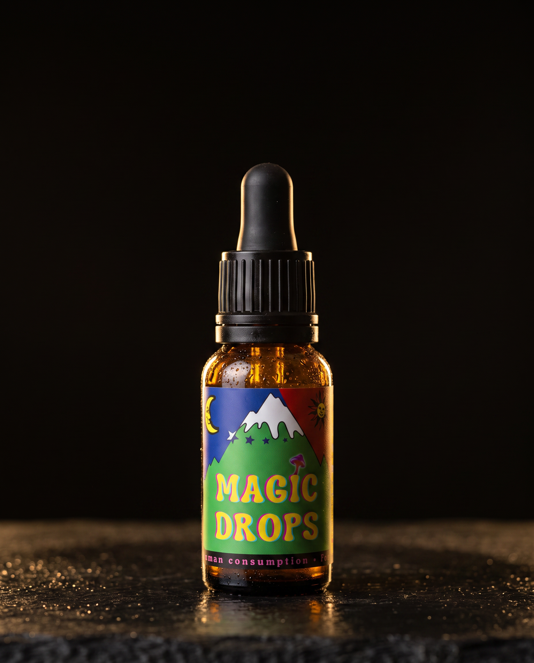 Primo piano del flacone di gocce liquide Magic Drops 4-HO-MET.