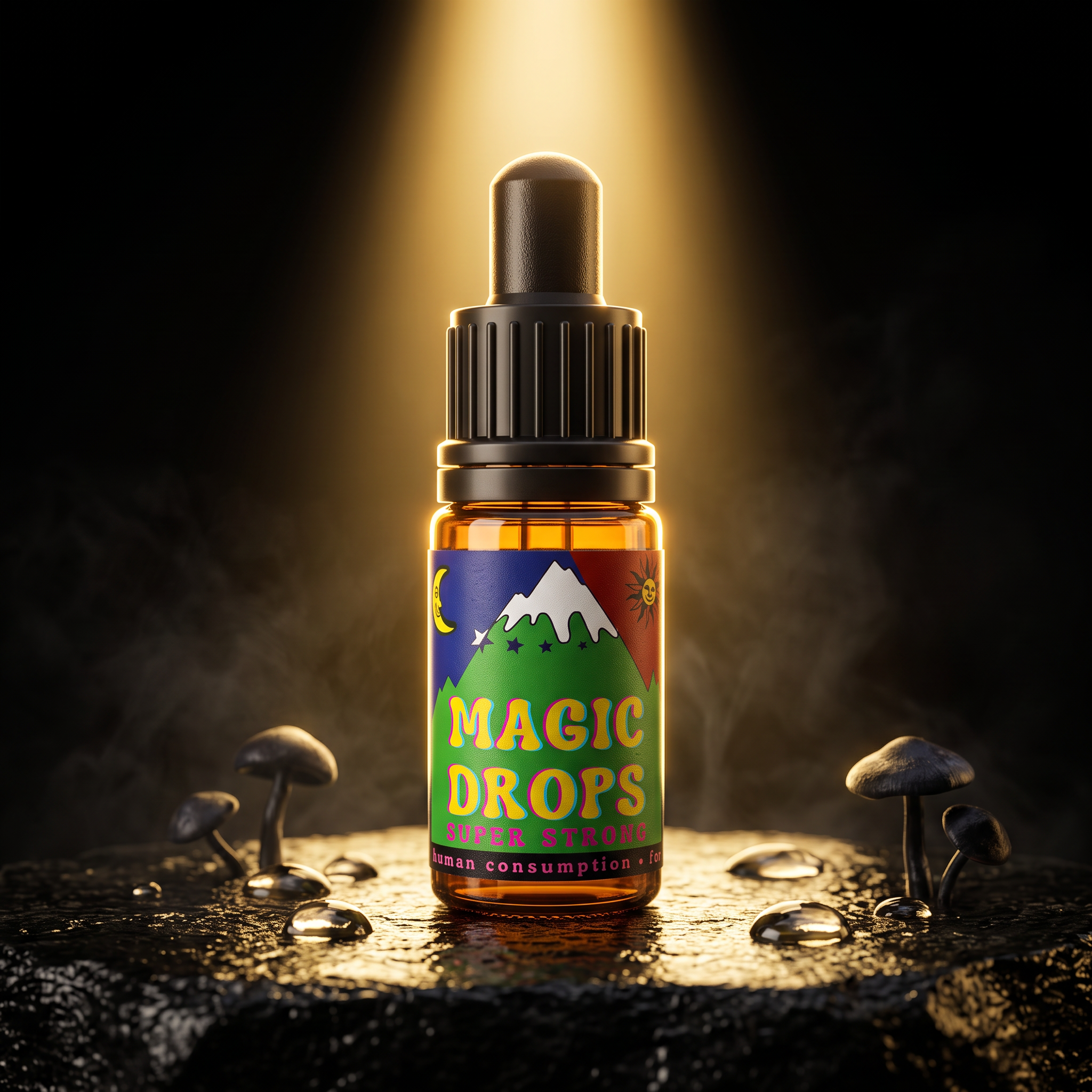 Magic Drops Super Strong 4-PRO-MET bottle with dramatic golden light